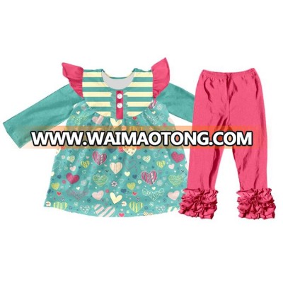 hot sale custom western girls outfit with ruffle shirt and long sleeve ruffle pants baby girl clothes