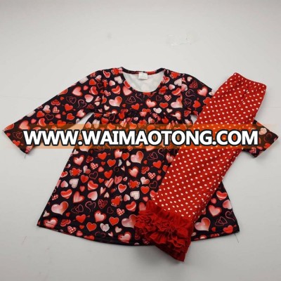 Cute Children Girls Heart Print skirts Kids sets Long Sleeve Kids cotton Dresses With red pots ruffle pants outfits